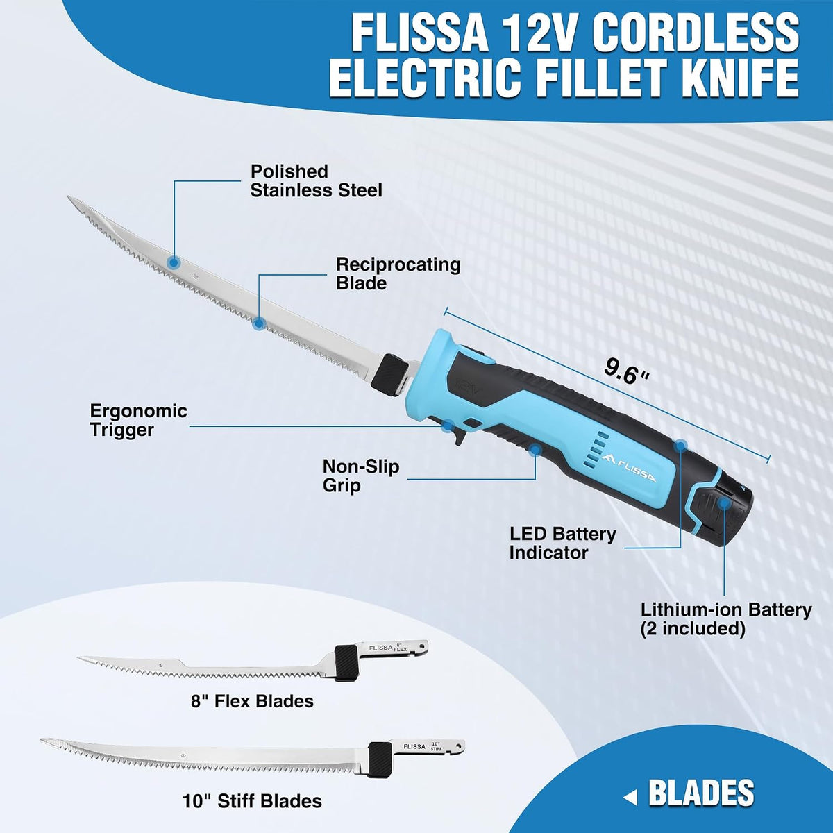 12V Cordless Electric Fillet Knife for Fish, 8" & 10" Sharp Blades