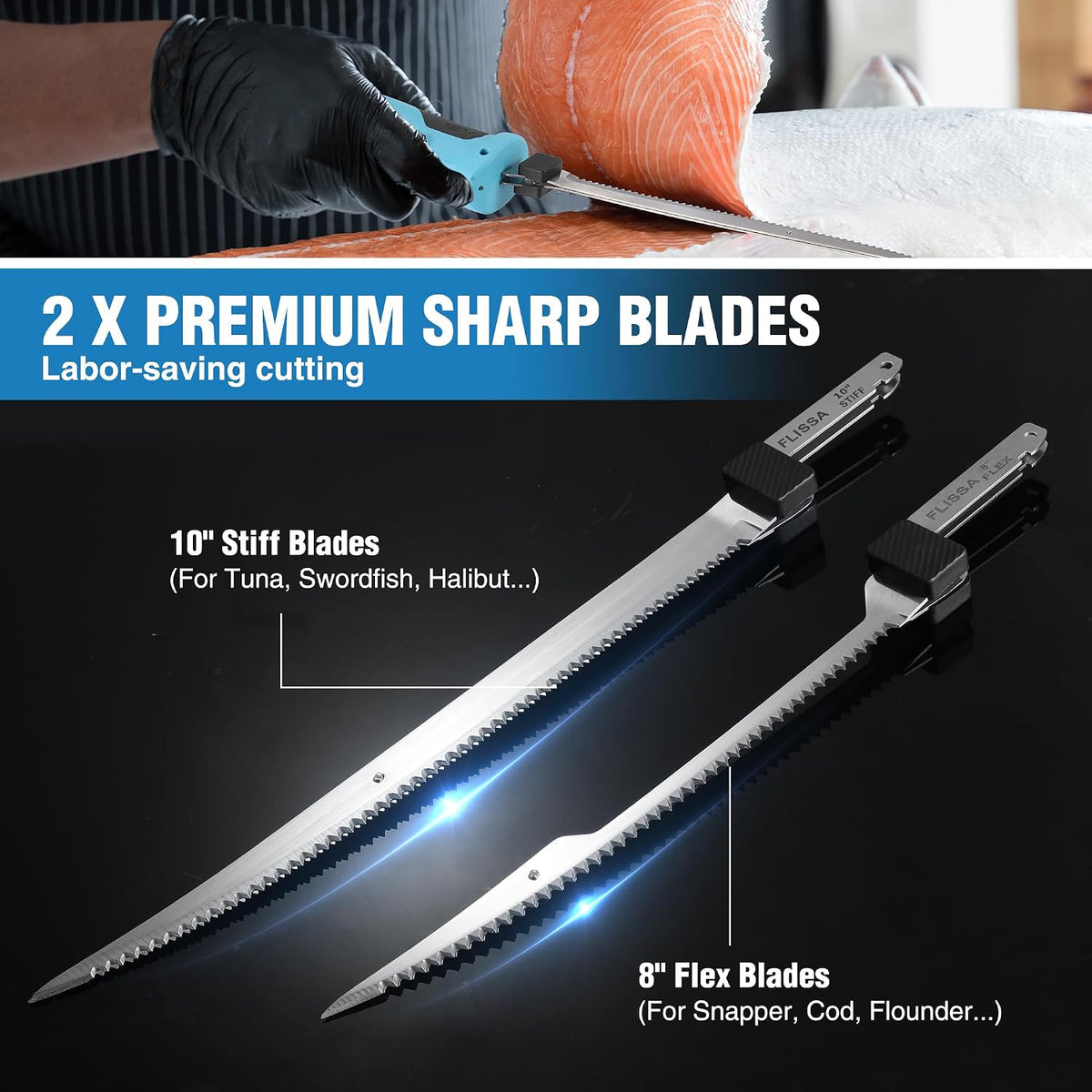 12V Cordless Electric Fillet Knife for Fish, 8" & 10" Sharp Blades