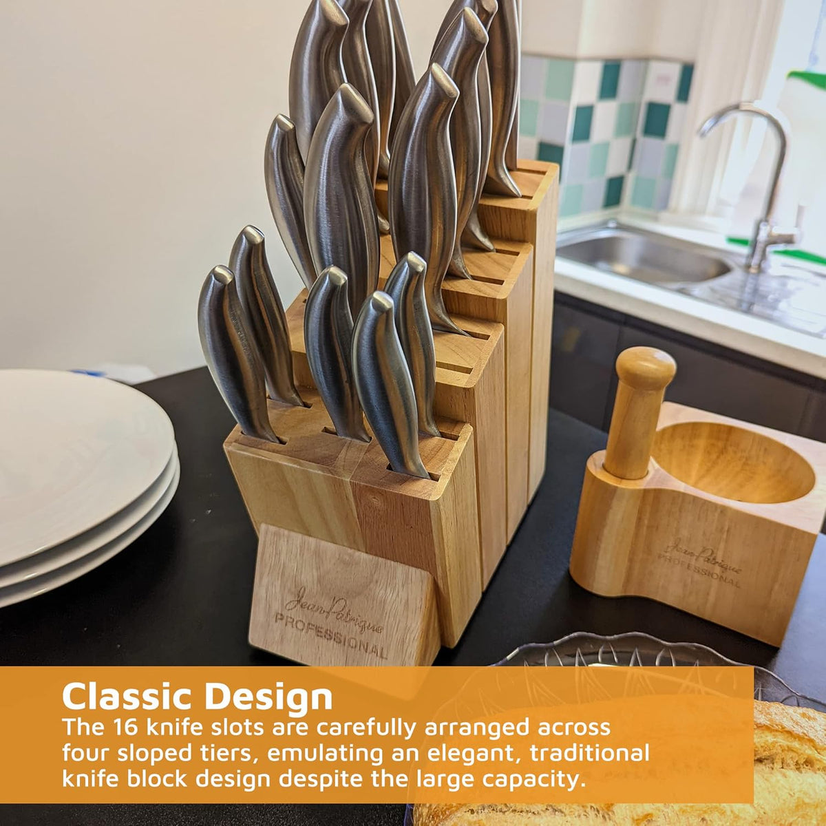 16-Slot Chef Universal Knife Block Without Knives - Durable Wooden Storage - Kitchen Space Saver