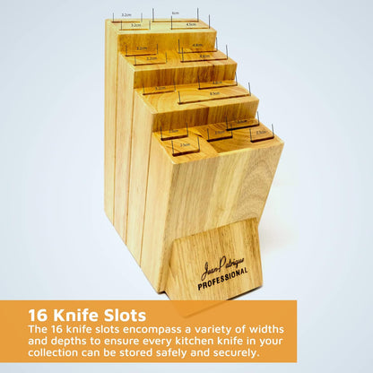 16-Slot Chef Universal Knife Block Without Knives - Durable Wooden Storage - Kitchen Space Saver
