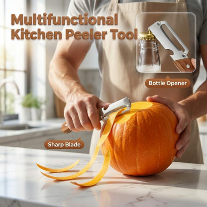 Multi-Functional Vegetable Peeler for Kitchen, 2026 New Stainless Steel Peeler with Wooden Handle and Bottle Opener, Kitchen Tool for Fruit Veggie Pumpkin, Gifts for Mom