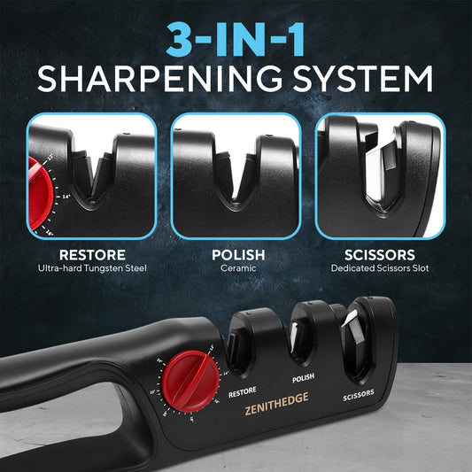 3-in-1 Adjustable Knife Sharpener 14-24 Angles for Kitchen, Fillet, Hunting, EDC, Pocket, Folding Knives- Tungsten Steel Ceramic Non-Slip Precision Sharpening Tool