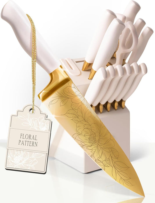 Knife Set with Built-in Sharpener – 14 PC Golden Titanium-Coated Stainless Steel Blades with Elegant Floral Pattern, Ultra-Sharp, Durable Kitchen Knife Block Set