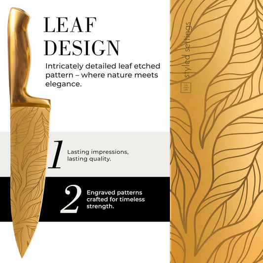 Knife Set with Built-in Sharpener – 14 PC Golden Titanium-Coated Stainless Steel Blades with Elegant Floral Pattern, Ultra-Sharp, Durable Kitchen Knife Block Set