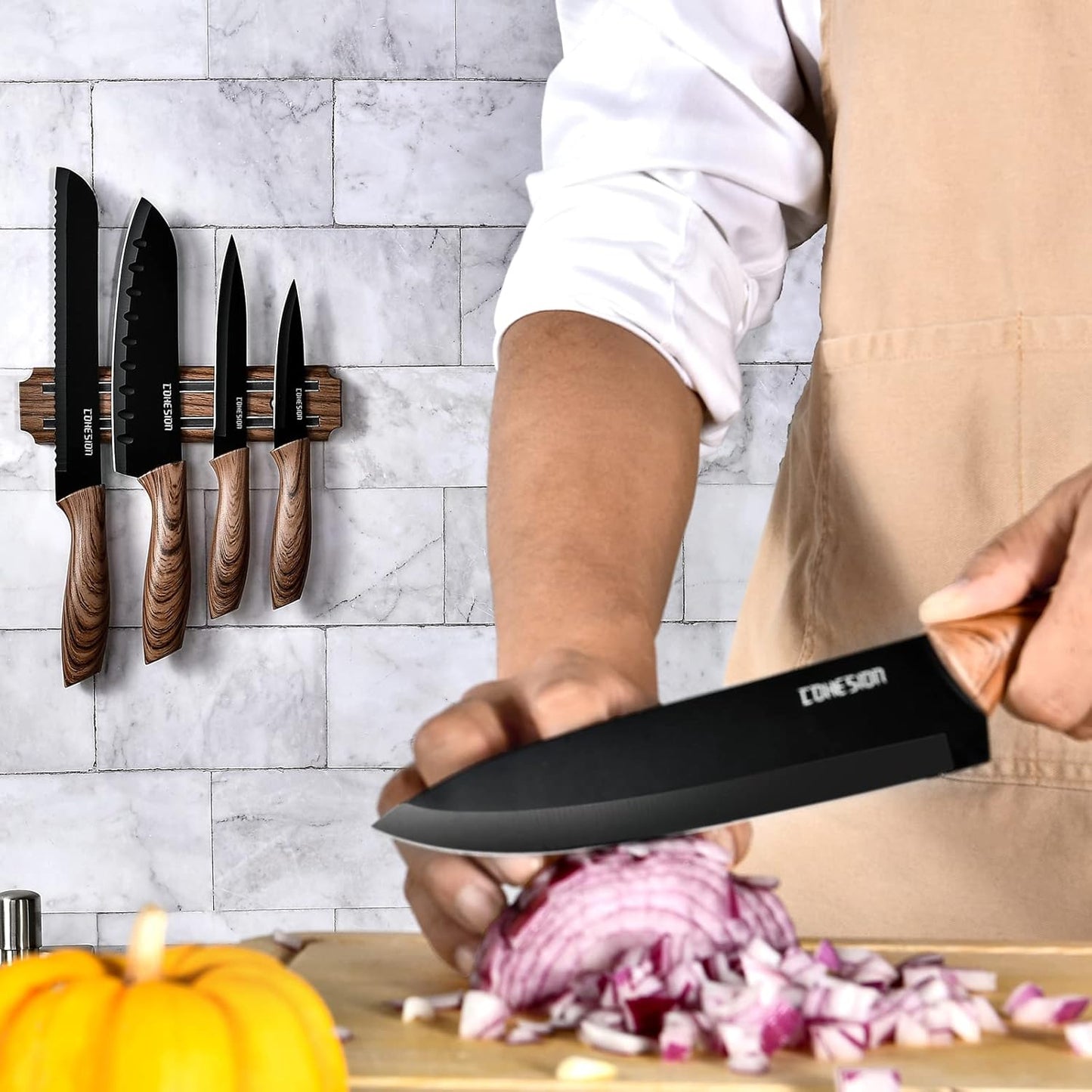 5 PCS Kitchen Knife Set with Magnetic Knife Holder for Wall, Ultra Sharp Chef Boxed Knife Set With Sheathes for Multipurpose Cooking with Ergonomic Handle