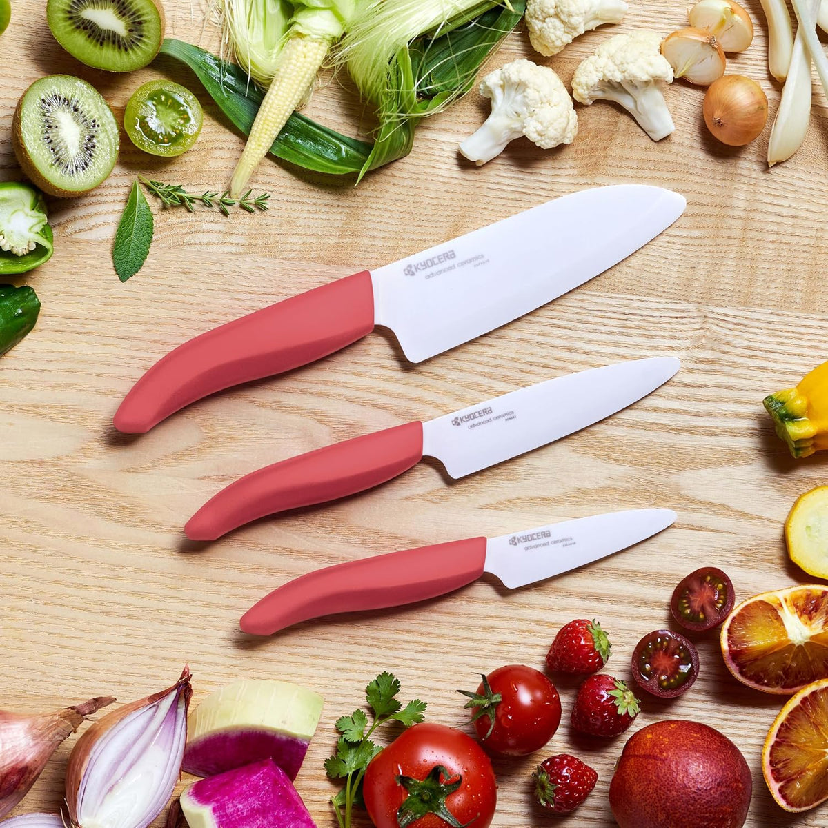 FK-3PC-SE Advanced ceramic Revolution Series Knife Set, Blade Sizes: 5.5", 4.5", 3", Pink, 3Piece | Revolution 3-Piece Ceramic Knife Set: 5.5" Santoku, 4.5" Utility, 3" Paring Knives – Ultra-Sharp Zirconia Blades