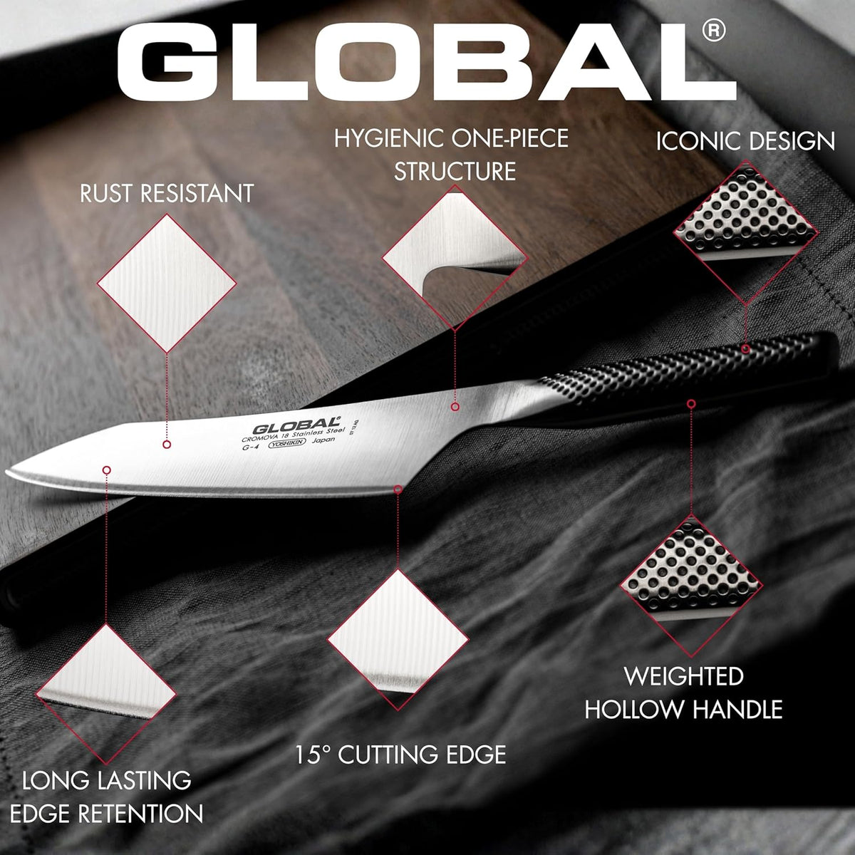 Global GS-6-4 inch, 10cm Straight Knife 4" Paring, 4", Stainless Steel