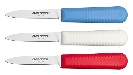 S104-3RWC Sani-Safe 15493 Cook’s Style Paring Knife Set, 3-1/4" DEXSTEEL High Carbon Stain-Free Steel Blades, Non-Slip Polypropylene Handles in Red, White & Blue, 3 Pack, NSF, USA Made