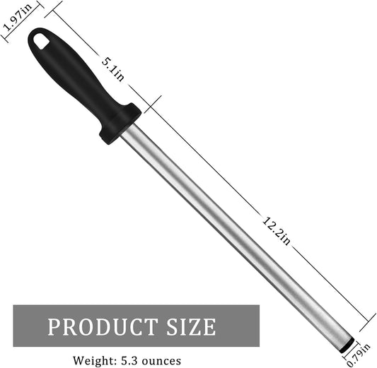 12 Inch Diamond Honing Steel,Professional Knife Sharpener Rod, Kitchen Knife Sharpening Rod & Tungsten Carbide Sharpener for Honing Knife Blades, Chef Knives, Pruning Shears, Garden Tools