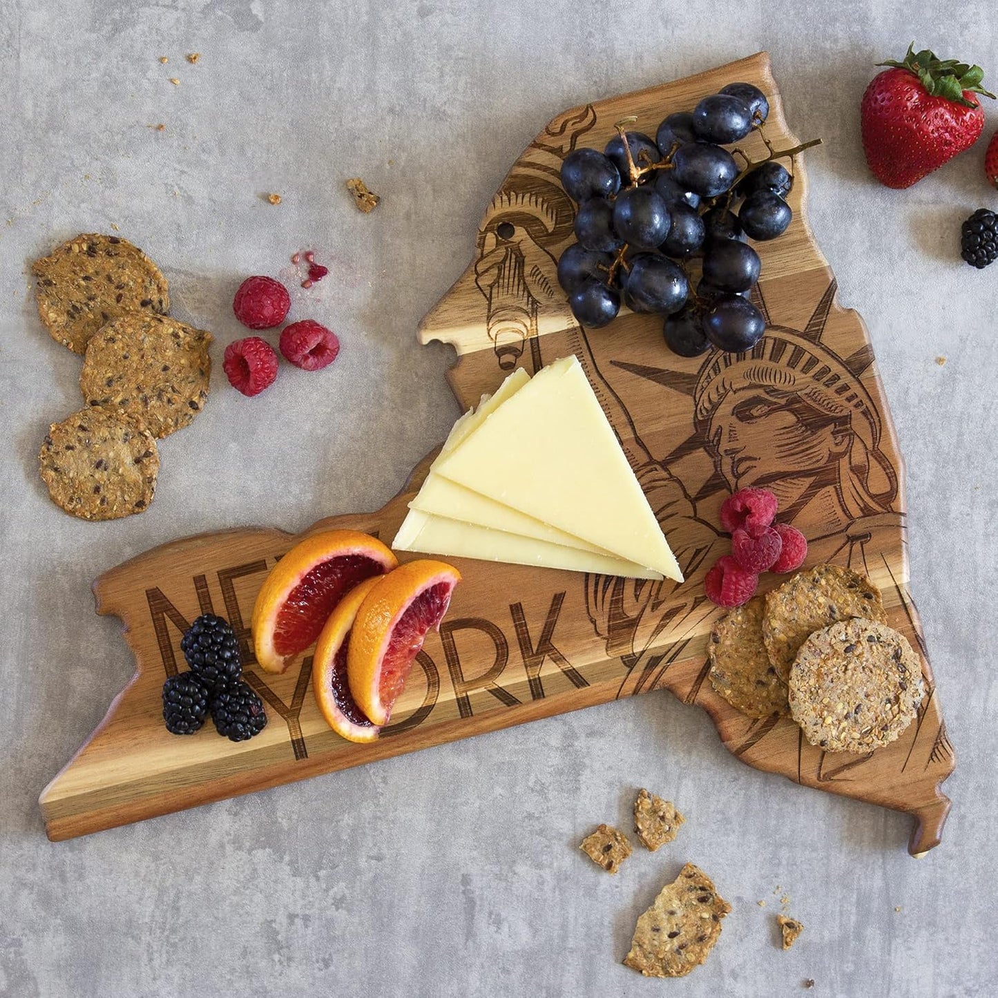 Rock & Branch Origins Series New York State Shaped Cutting Board and Charcuterie Serving Tray, Includes Hang Tie for Wall Display