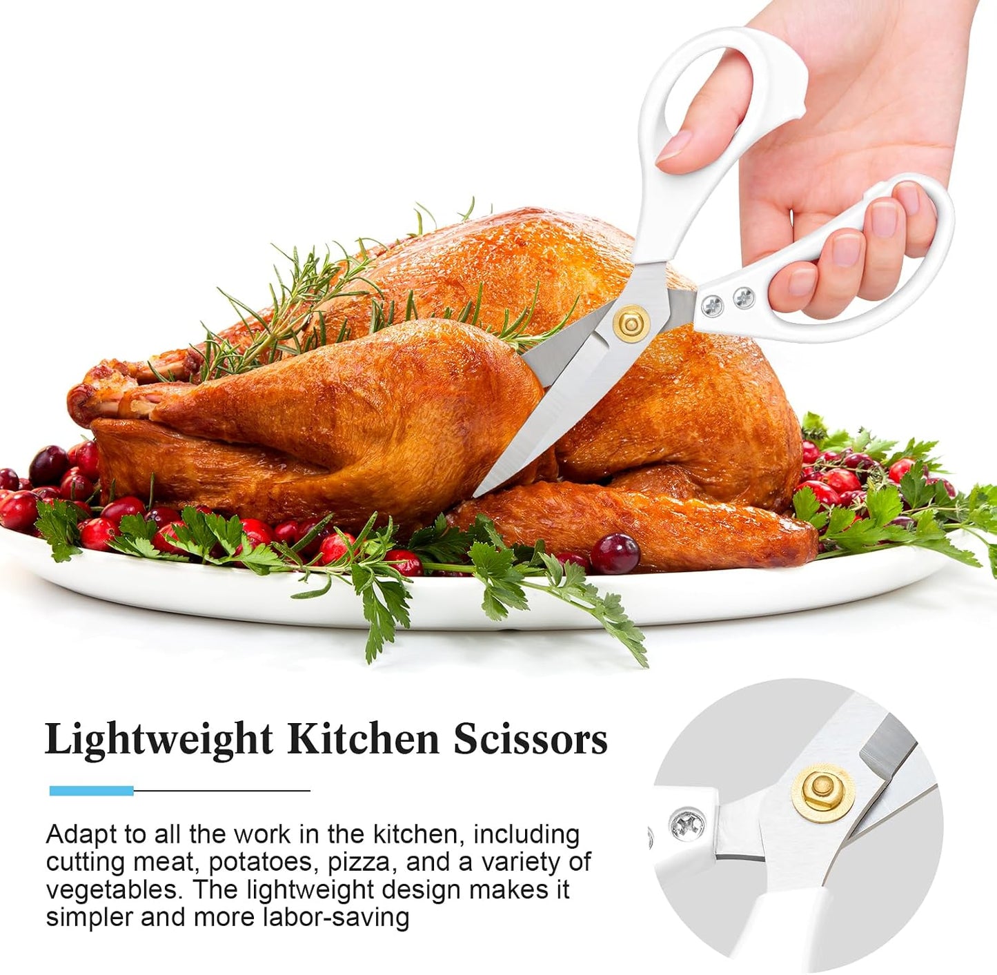 All Purpose Kitchen Scissors, Kitchen Shears Heavy Duty - Dishwasher Safe Food Scissors- Multipurpose Cooking Shears for Meat Poultry Food, Herbs, and Fish, Comfort Grip Handles, White