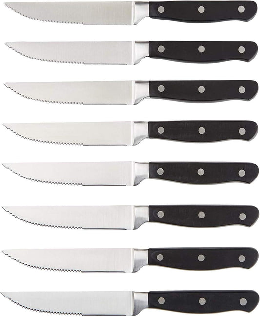 8-Piece Full Tang Stainless Steel Serrated Steak Knife Set, 4.5", Black