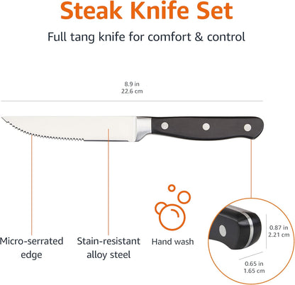 8-Piece Full Tang Stainless Steel Serrated Steak Knife Set, 4.5", Black