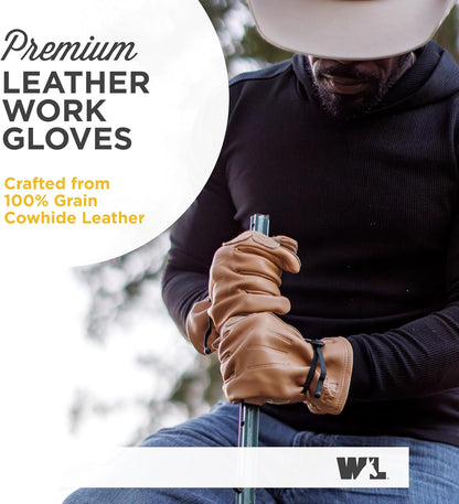 Work Gloves Men and Women, Cowhide Leather Work Gloves, Adjustable Wrist