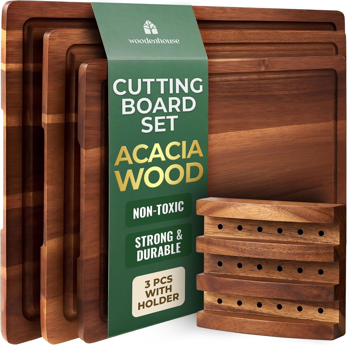Acacia Wood Cutting Board Set of 3 with Holder, Juice Grooves & Built-in Handles - Durable, Wooden Cutting Boards for Kitchen, Perfect for Chopping, Food Prep and Serving as a Charcuterie
