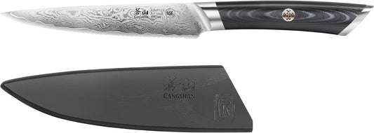 Cangshan KURO Series 5-Inch Serrated Utility Knife with Sheath, High Carbon X-7 Damascus Steel, 504289