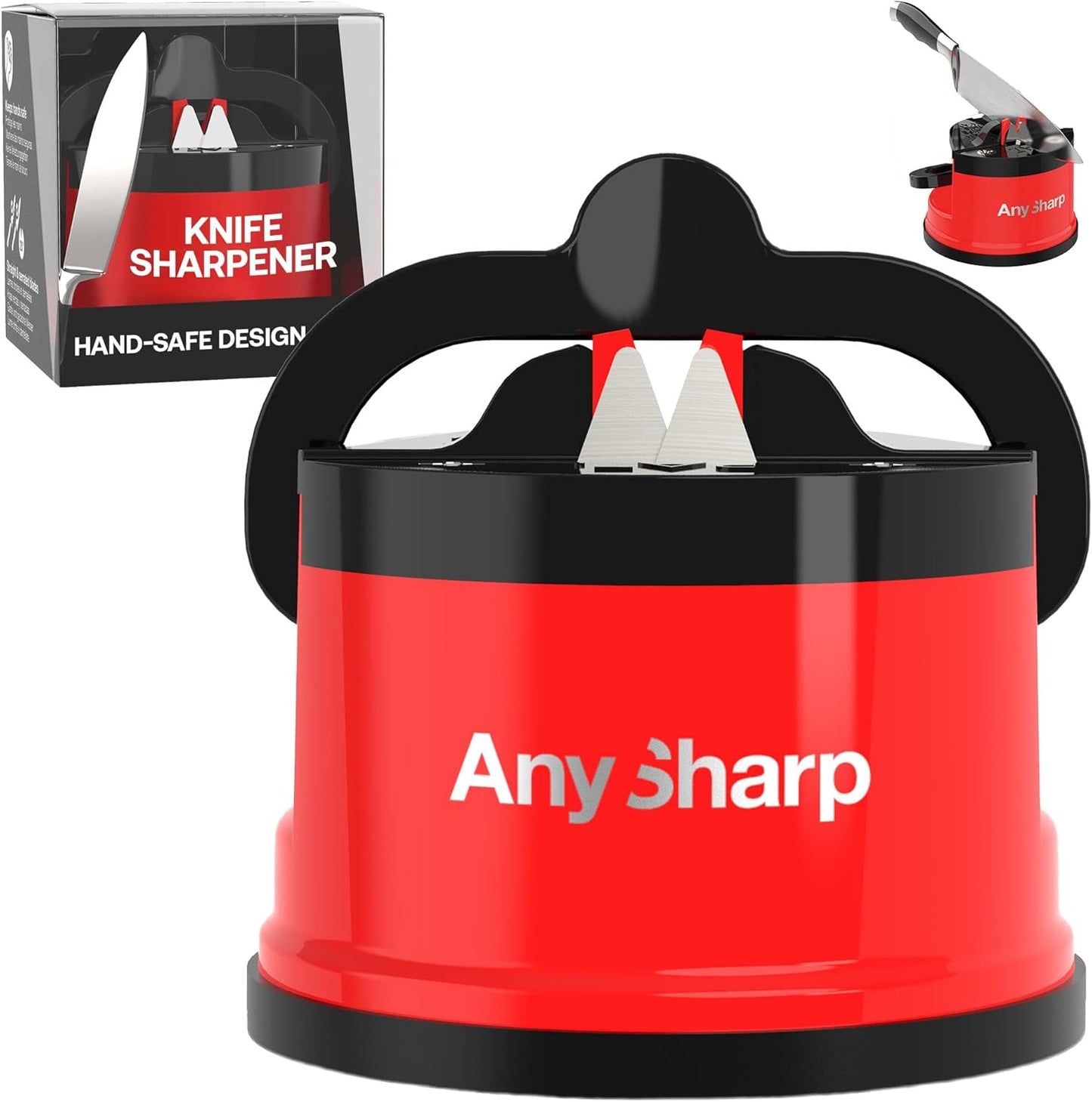 – GLOBAL – Easy to Use, Hands Free Knife Sharpener - Red | Sharpening Tool with PowerGrip Suction Base and 20-Deg Pre-set Angle - For All Knives: Chef’s, Serrated, and Hardened Steel