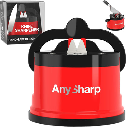 – GLOBAL – Easy to Use, Hands Free Knife Sharpener - Red | Sharpening Tool with PowerGrip Suction Base and 20-Deg Pre-set Angle - For All Knives: Chef’s, Serrated, and Hardened Steel