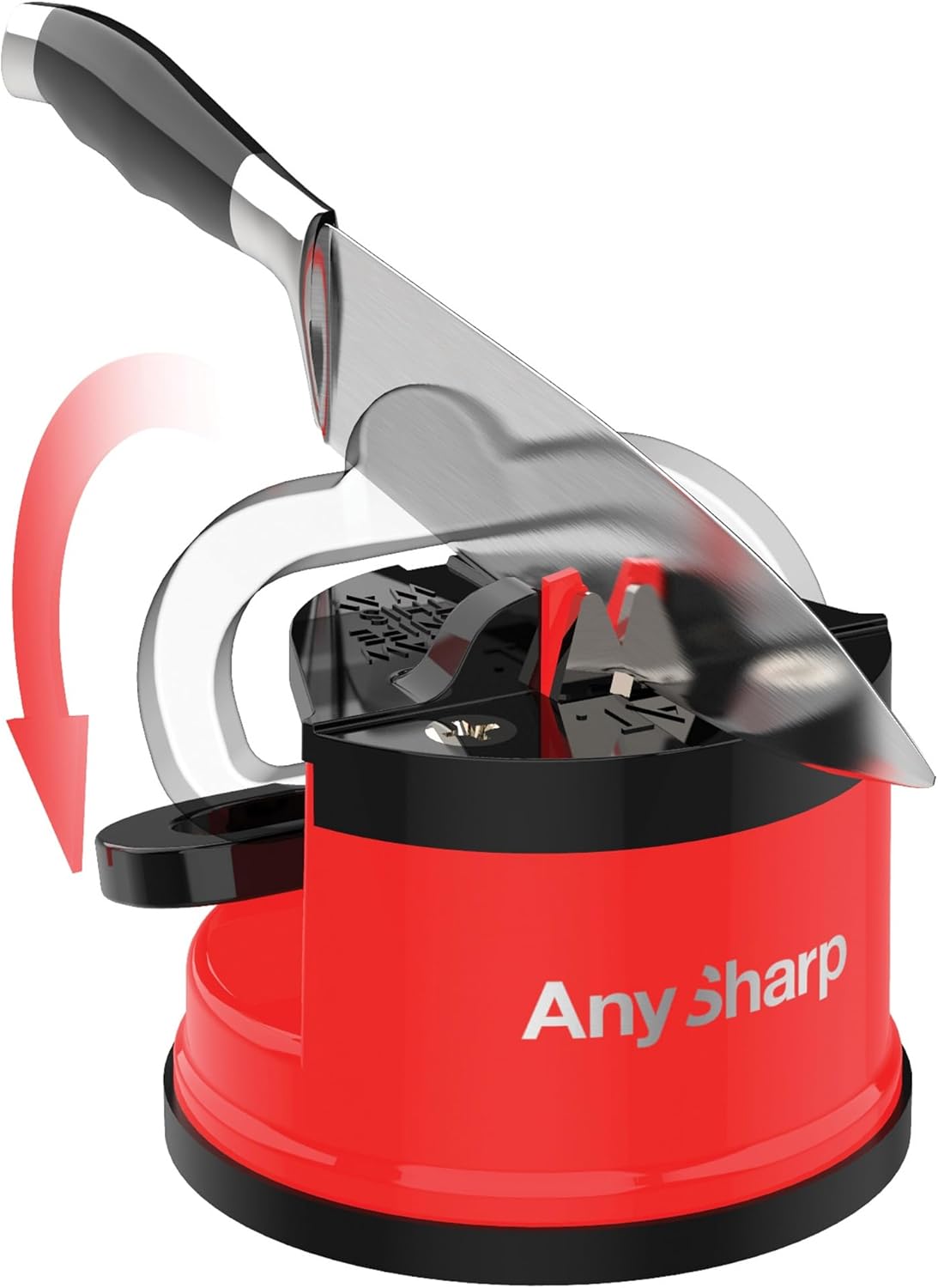 – GLOBAL – Easy to Use, Hands Free Knife Sharpener - Red | Sharpening Tool with PowerGrip Suction Base and 20-Deg Pre-set Angle - For All Knives: Chef’s, Serrated, and Hardened Steel