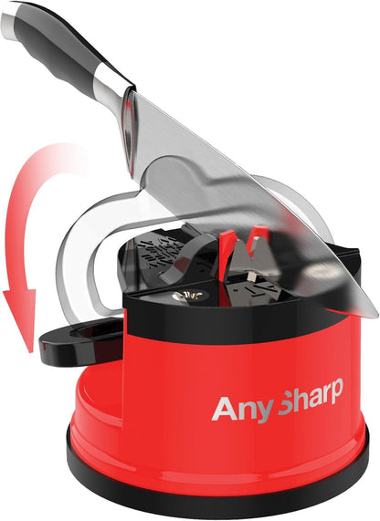– GLOBAL – Easy to Use, Hands Free Knife Sharpener - Red | Sharpening Tool with PowerGrip Suction Base and 20-Deg Pre-set Angle - For All Knives: Chef’s, Serrated, and Hardened Steel