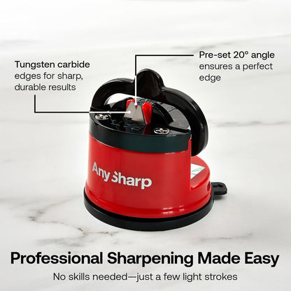 – GLOBAL – Easy to Use, Hands Free Knife Sharpener - Red | Sharpening Tool with PowerGrip Suction Base and 20-Deg Pre-set Angle - For All Knives: Chef’s, Serrated, and Hardened Steel