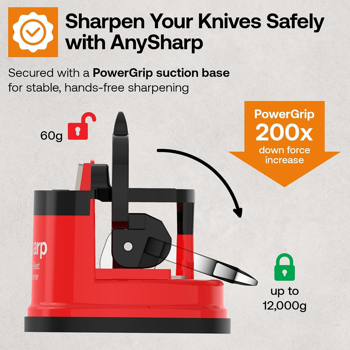 – GLOBAL – Easy to Use, Hands Free Knife Sharpener - Red | Sharpening Tool with PowerGrip Suction Base and 20-Deg Pre-set Angle - For All Knives: Chef’s, Serrated, and Hardened Steel
