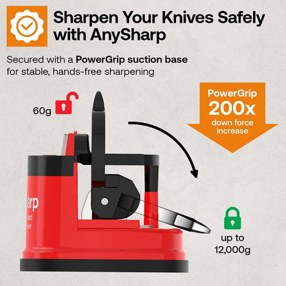 – GLOBAL – Easy to Use, Hands Free Knife Sharpener - Red | Sharpening Tool with PowerGrip Suction Base and 20-Deg Pre-set Angle - For All Knives: Chef’s, Serrated, and Hardened Steel