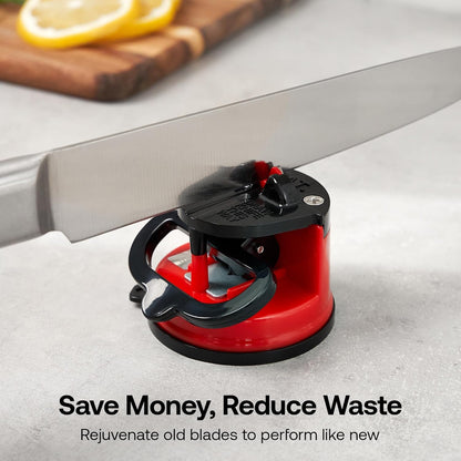 – GLOBAL – Easy to Use, Hands Free Knife Sharpener - Red | Sharpening Tool with PowerGrip Suction Base and 20-Deg Pre-set Angle - For All Knives: Chef’s, Serrated, and Hardened Steel