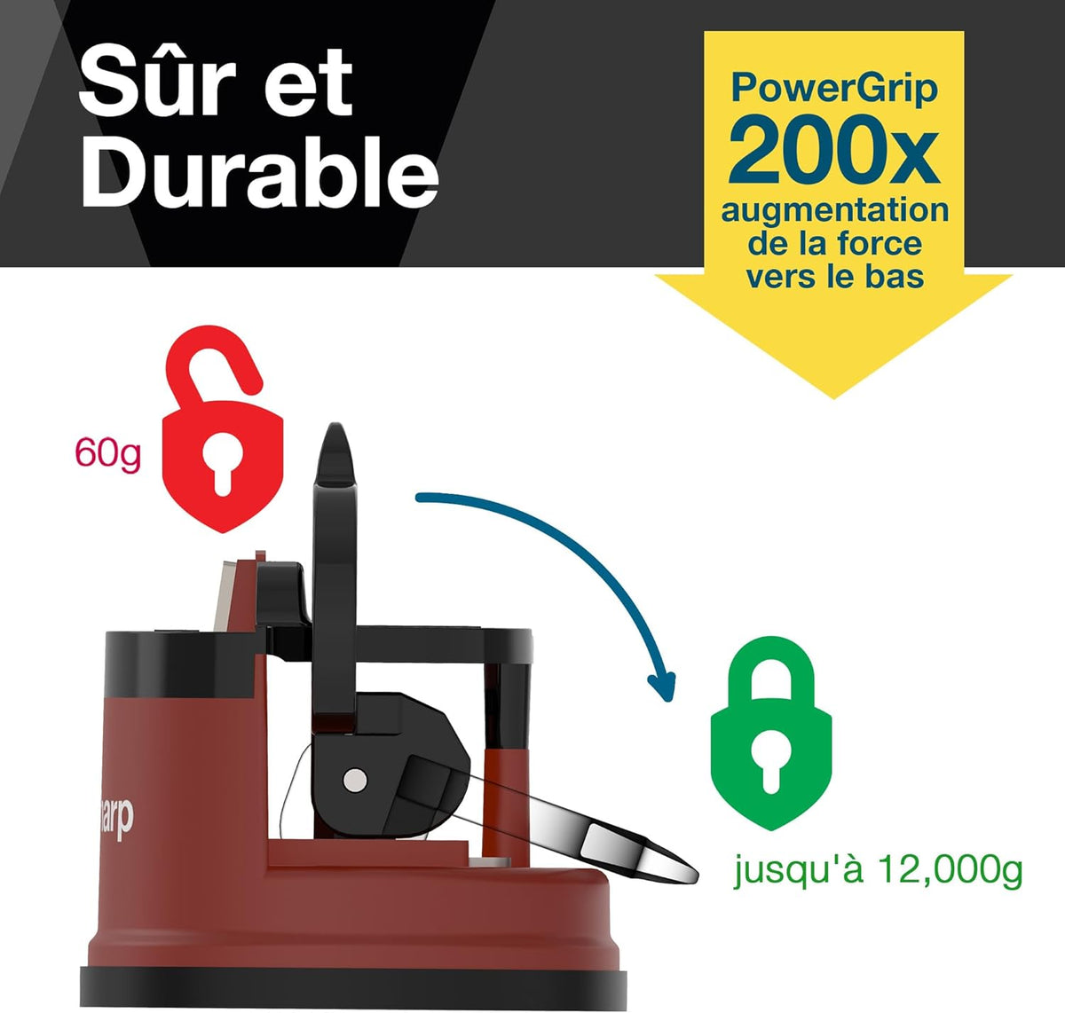 – GLOBAL – Easy to Use, Hands Free Knife Sharpener - Red | Sharpening Tool with PowerGrip Suction Base and 20-Deg Pre-set Angle - For All Knives: Chef’s, Serrated, and Hardened Steel