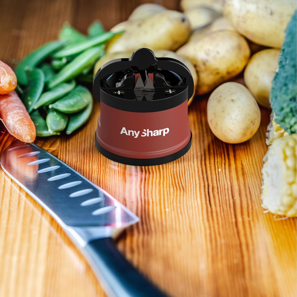 – GLOBAL – Easy to Use, Hands Free Knife Sharpener - Red | Sharpening Tool with PowerGrip Suction Base and 20-Deg Pre-set Angle - For All Knives: Chef’s, Serrated, and Hardened Steel