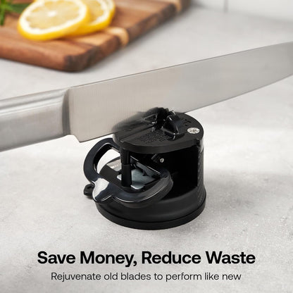 – GLOBAL – Easy to Use, Hands Free Knife Sharpener - Red | Sharpening Tool with PowerGrip Suction Base and 20-Deg Pre-set Angle - For All Knives: Chef’s, Serrated, and Hardened Steel