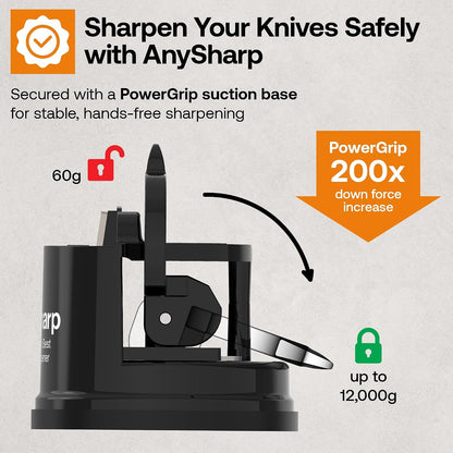 – GLOBAL – Easy to Use, Hands Free Knife Sharpener - Red | Sharpening Tool with PowerGrip Suction Base and 20-Deg Pre-set Angle - For All Knives: Chef’s, Serrated, and Hardened Steel