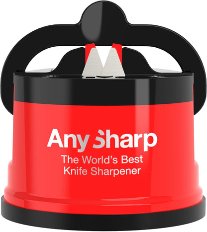 – GLOBAL – Easy to Use, Hands Free Knife Sharpener - Red | Sharpening Tool with PowerGrip Suction Base and 20-Deg Pre-set Angle - For All Knives: Chef’s, Serrated, and Hardened Steel