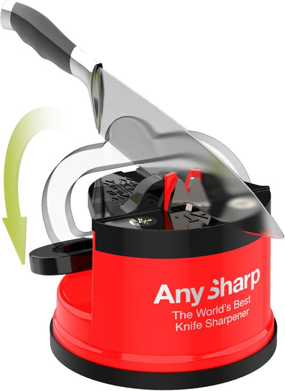 – GLOBAL – Easy to Use, Hands Free Knife Sharpener - Red | Sharpening Tool with PowerGrip Suction Base and 20-Deg Pre-set Angle - For All Knives: Chef’s, Serrated, and Hardened Steel