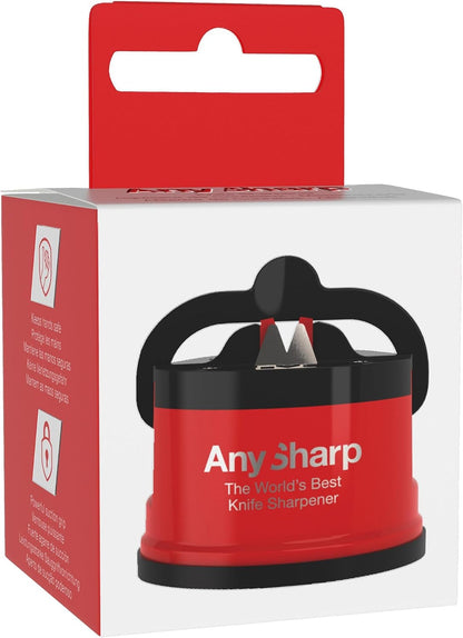– GLOBAL – Easy to Use, Hands Free Knife Sharpener - Red | Sharpening Tool with PowerGrip Suction Base and 20-Deg Pre-set Angle - For All Knives: Chef’s, Serrated, and Hardened Steel