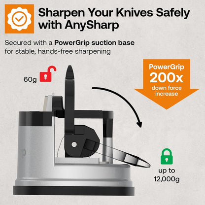 – GLOBAL – Easy to Use, Hands Free Knife Sharpener - Red | Sharpening Tool with PowerGrip Suction Base and 20-Deg Pre-set Angle - For All Knives: Chef’s, Serrated, and Hardened Steel