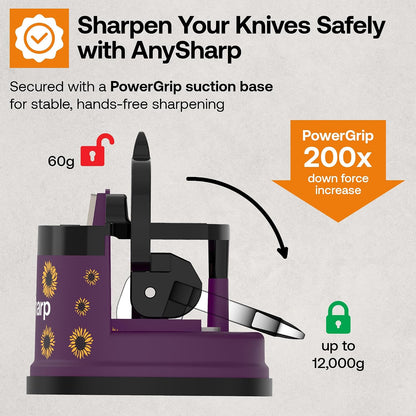 – GLOBAL – Easy to Use, Hands Free Knife Sharpener - Red | Sharpening Tool with PowerGrip Suction Base and 20-Deg Pre-set Angle - For All Knives: Chef’s, Serrated, and Hardened Steel