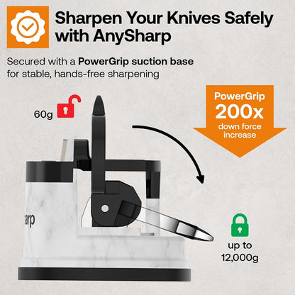 – GLOBAL – Easy to Use, Hands Free Knife Sharpener - Red | Sharpening Tool with PowerGrip Suction Base and 20-Deg Pre-set Angle - For All Knives: Chef’s, Serrated, and Hardened Steel