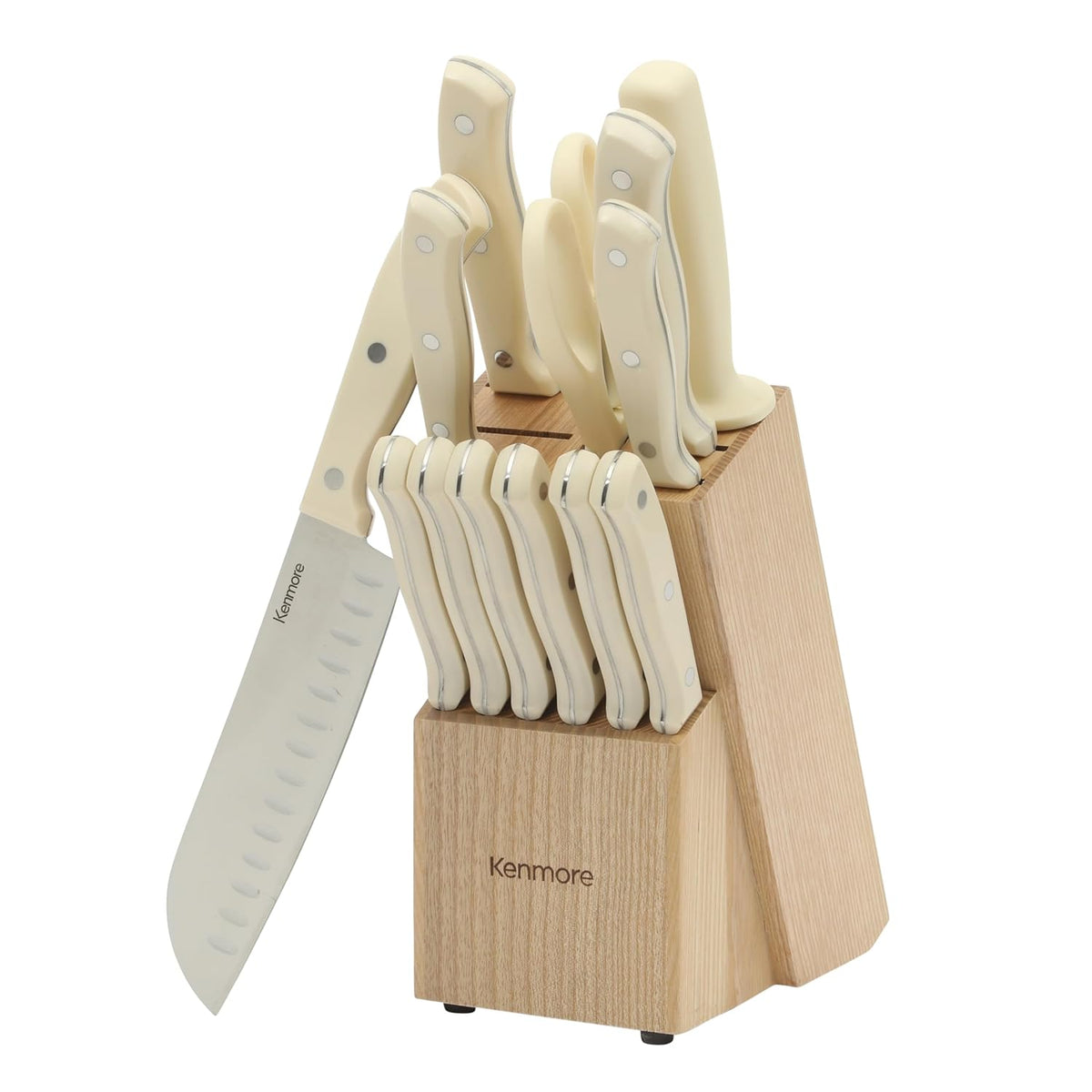 Kane 14-Piece Stainless Steel Kitchen Knife Block Set – Triple Rivet ABS Handles, Cream White – Chef, Bread, Utility, Paring, Steak Knives & Kitchen Shears in Wood Storage Block
