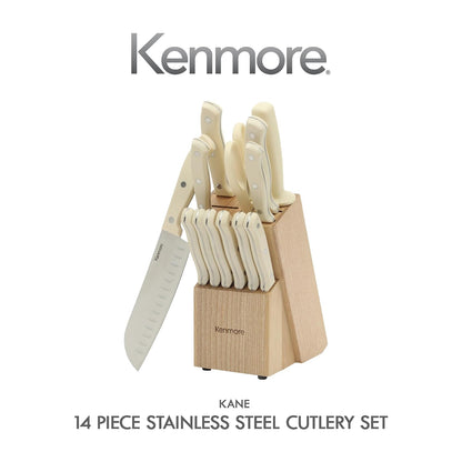 Kane 14-Piece Stainless Steel Kitchen Knife Block Set – Triple Rivet ABS Handles, Cream White – Chef, Bread, Utility, Paring, Steak Knives & Kitchen Shears in Wood Storage Block