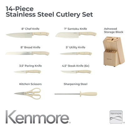 Kane 14-Piece Stainless Steel Kitchen Knife Block Set – Triple Rivet ABS Handles, Cream White – Chef, Bread, Utility, Paring, Steak Knives & Kitchen Shears in Wood Storage Block