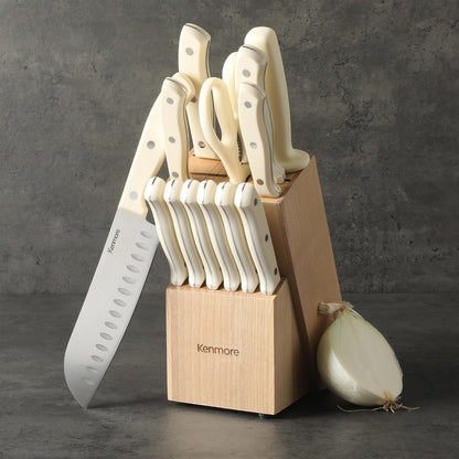 Kane 14-Piece Stainless Steel Kitchen Knife Block Set – Triple Rivet ABS Handles, Cream White – Chef, Bread, Utility, Paring, Steak Knives & Kitchen Shears in Wood Storage Block