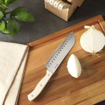 Kane 14-Piece Stainless Steel Kitchen Knife Block Set – Triple Rivet ABS Handles, Cream White – Chef, Bread, Utility, Paring, Steak Knives & Kitchen Shears in Wood Storage Block
