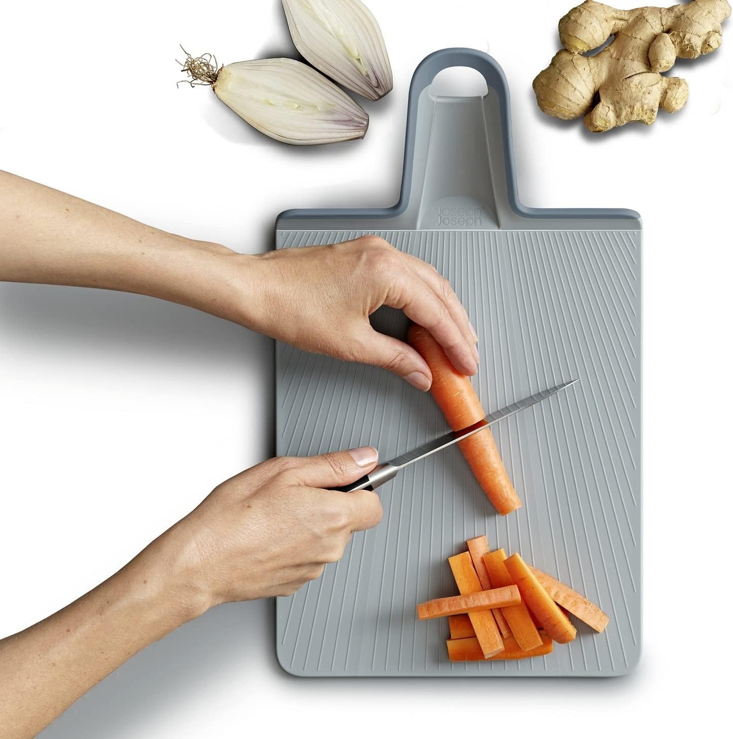 Chop2Pot Plus Foldable Plastic Cutting Boards, Easy Grip Handle, Non Slip Feet, Blue