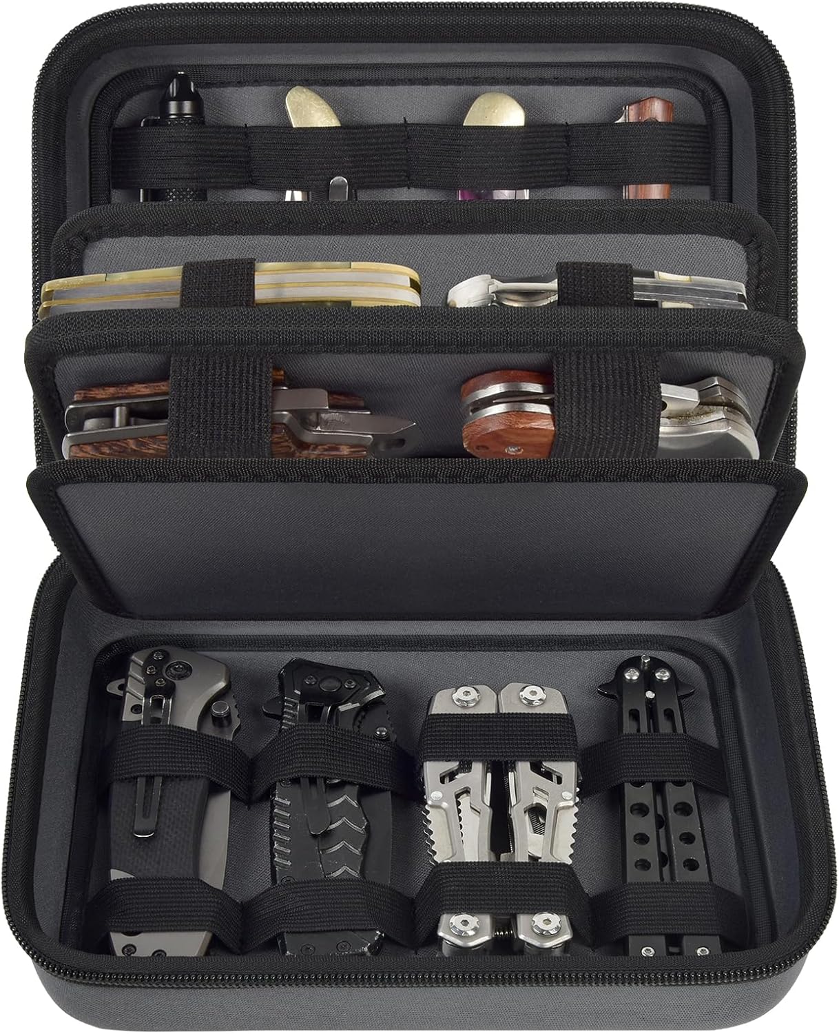 ANKHOH Knife Collection Storage Case, 32-Slot Folding Knife Organizer | Hard EVA shell, four-layer layout and elastic bands keep folding knives separated for home or travel, Black, Case Only