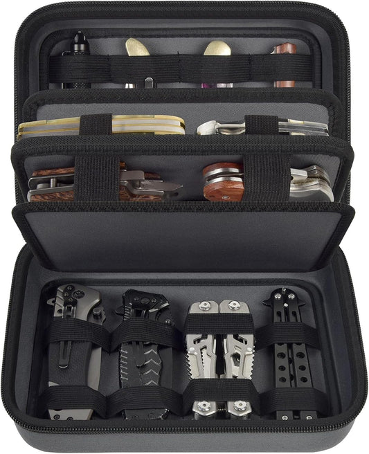 ANKHOH Knife Collection Storage Case, 32-Slot Folding Knife Organizer | Hard EVA shell, four-layer layout and elastic bands keep folding knives separated for home or travel, Black, Case Only