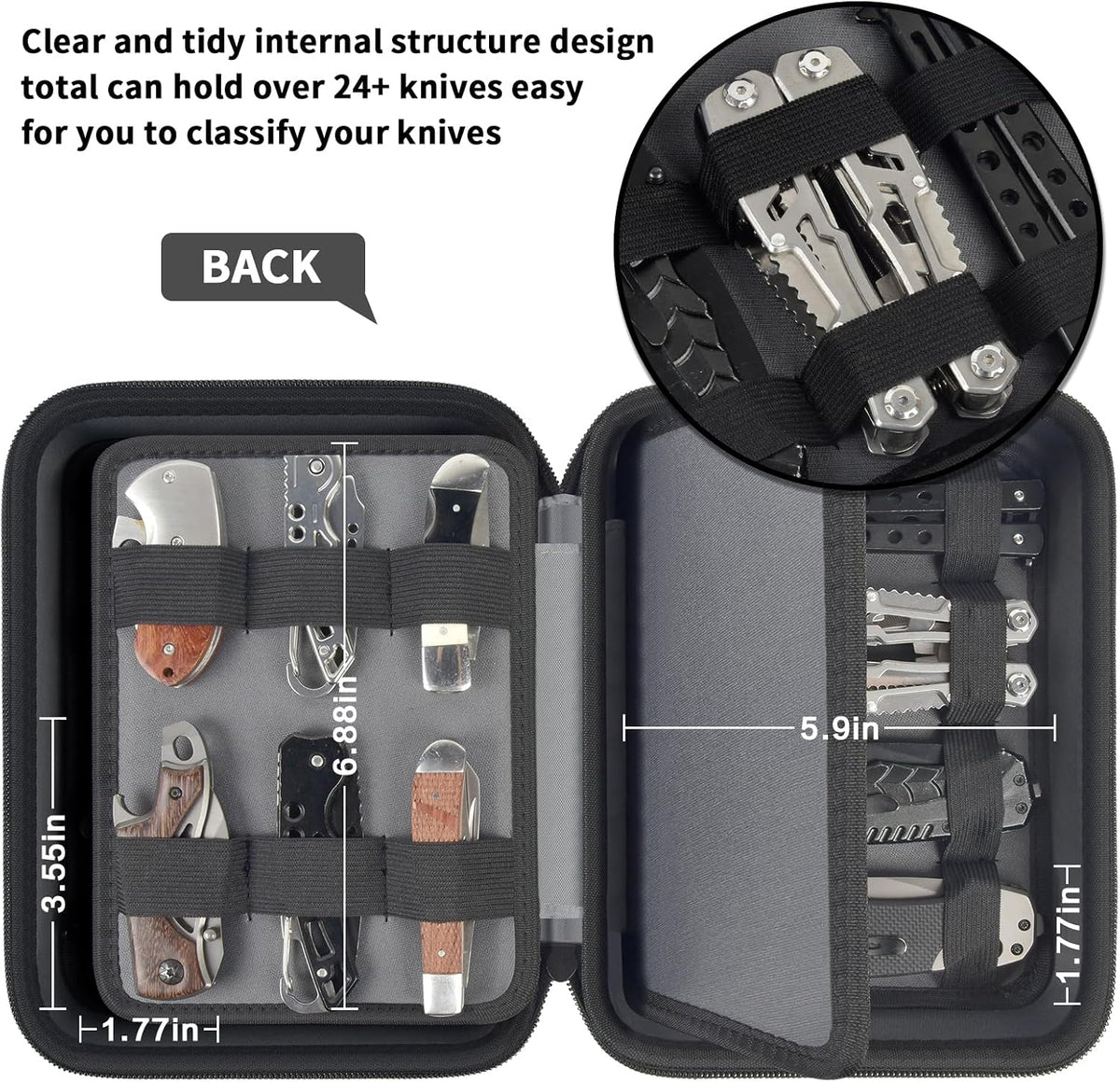 ANKHOH Knife Collection Storage Case, 32-Slot Folding Knife Organizer | Hard EVA shell, four-layer layout and elastic bands keep folding knives separated for home or travel, Black, Case Only