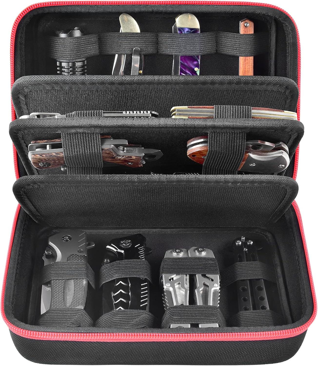 ANKHOH Knife Collection Storage Case, 32-Slot Folding Knife Organizer | Hard EVA shell, four-layer layout and elastic bands keep folding knives separated for home or travel, Black, Case Only