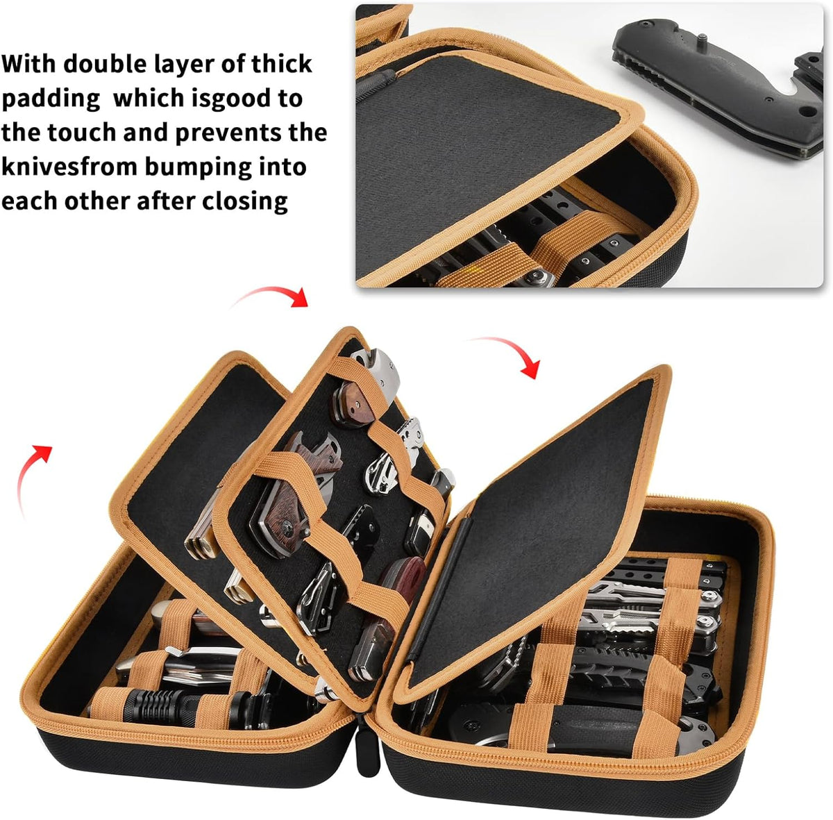 ANKHOH Knife Collection Storage Case, 32-Slot Folding Knife Organizer | Hard EVA shell, four-layer layout and elastic bands keep folding knives separated for home or travel, Black, Case Only