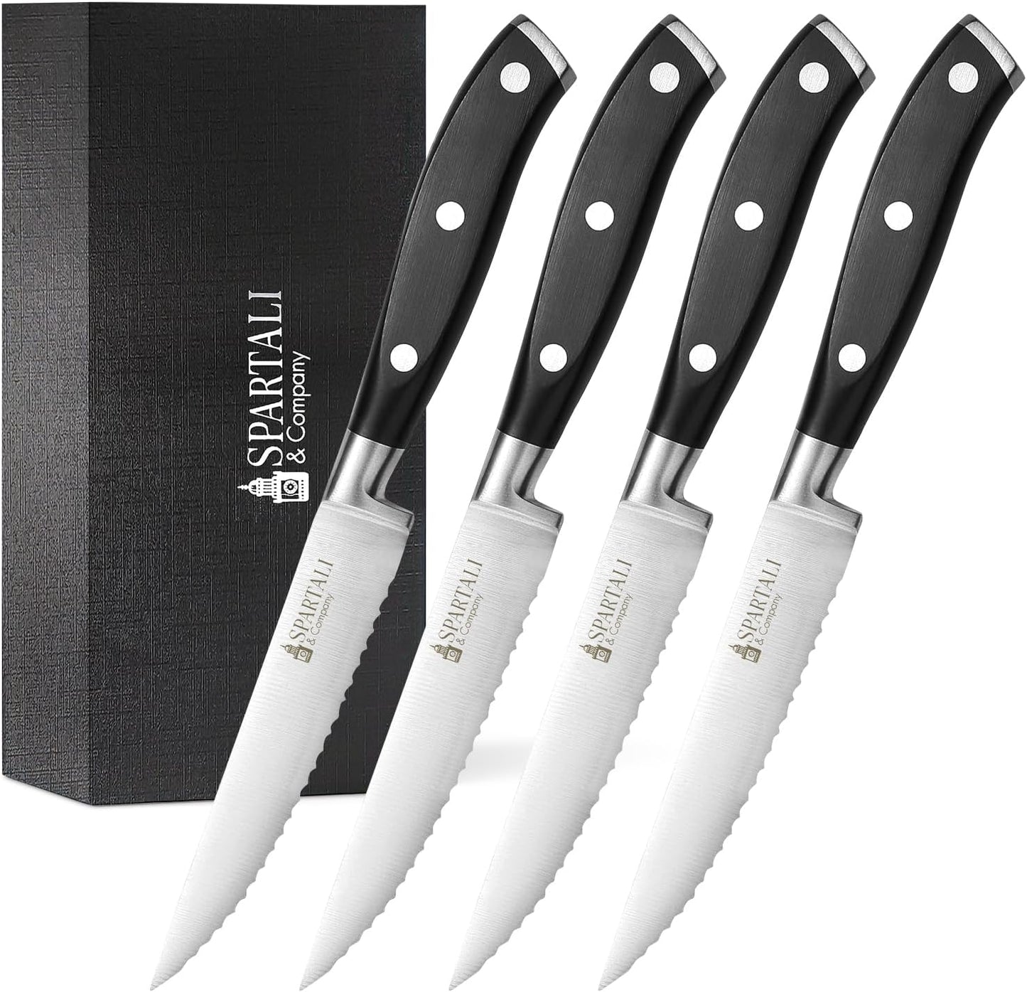 Premium 4.5-Inch Steak Knife Set of 4 – Serrated Stainless Steel Blades with Ergonomic Handles – Razor-Sharp Cutlery for Effortless Meat Slicing – Dishwasher Safe, Rust-Resistant.